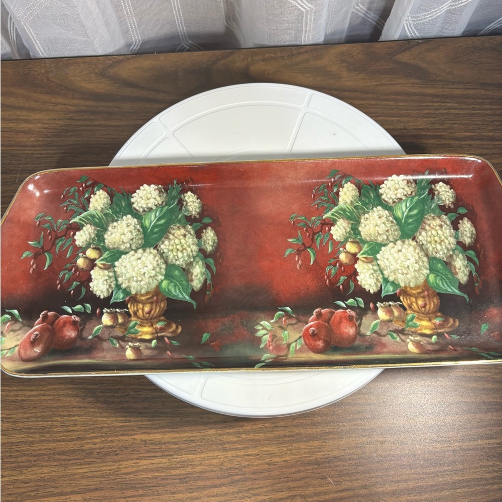 Vintage Lisa White rectangle hydrangea plate European style floral art 15LX 6W.